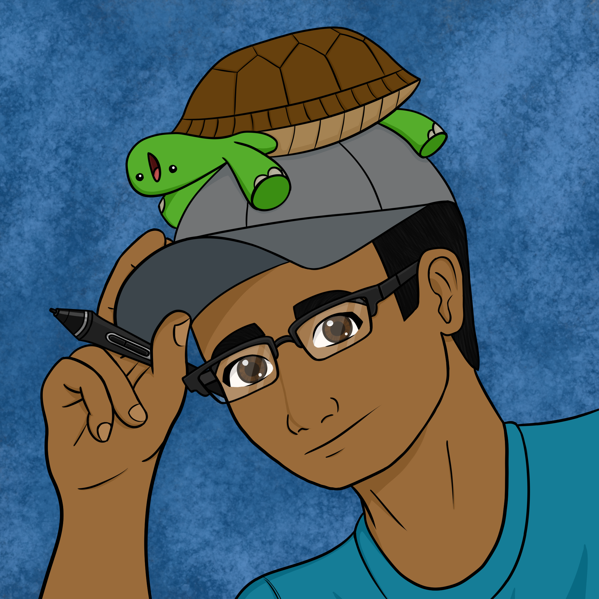 An illustration of Jordan Aguilar holding a digital stylus while a turtle with a silly expression lies on top of his head.