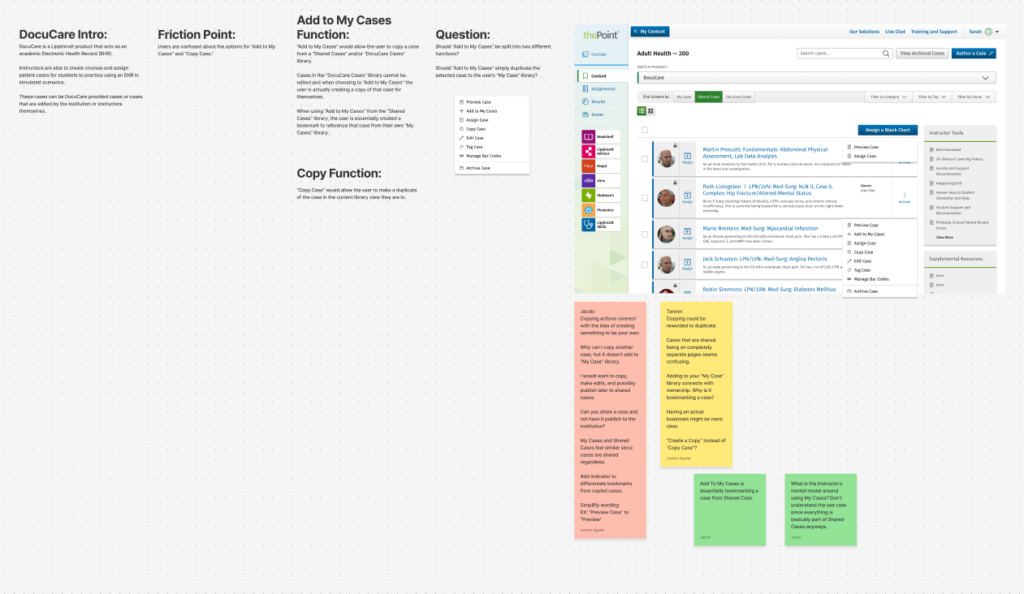 A picture of a FigJam board exploring menu design and language for DocuCare's case library actions.