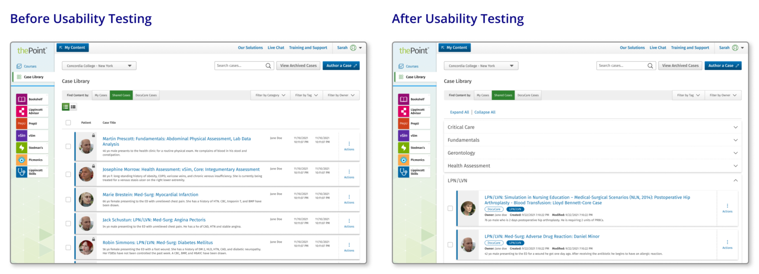 A picture comparing the original design of the DocuCare case library before testing, and the design afterwards that addressed instructor feedback.