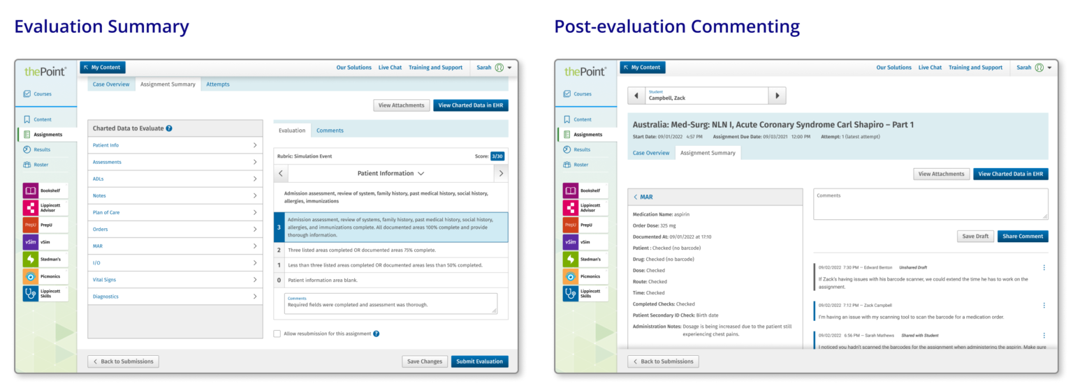 A picture of the DocuCare evaluation landing page before submitting evaluation and post-evaluation for commenting.