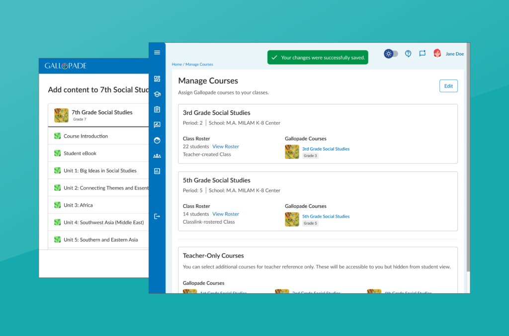 A picture of the Gallopade's redesign Course Setup page overlaying a content management modal.