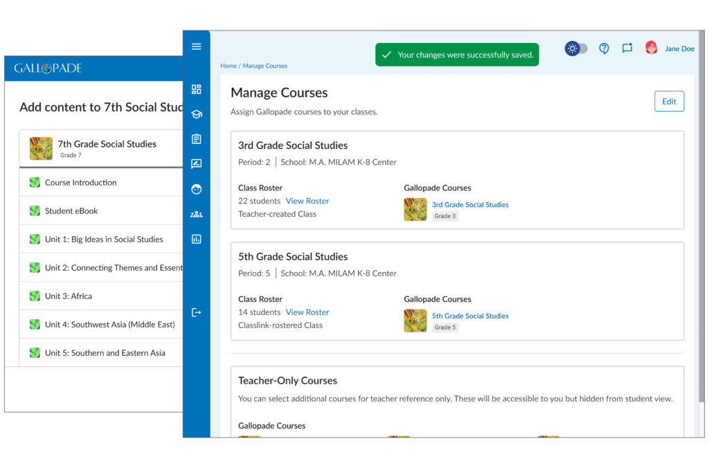 A picture of the Gallopade's redesign Course Setup page overlaying a content management modal.