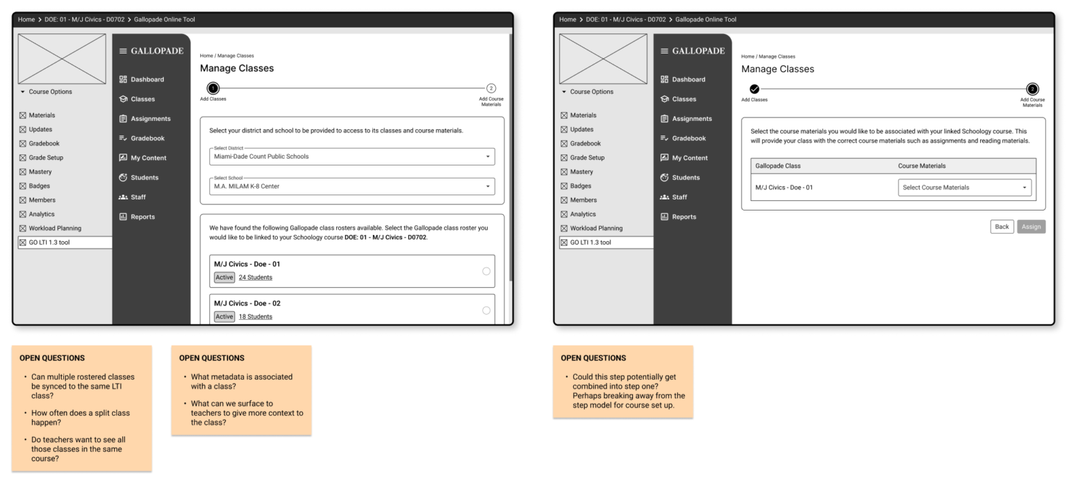 A picture of some early wireframes for Gallopade Curriculum's course setup with open questions for the Gallopade team.