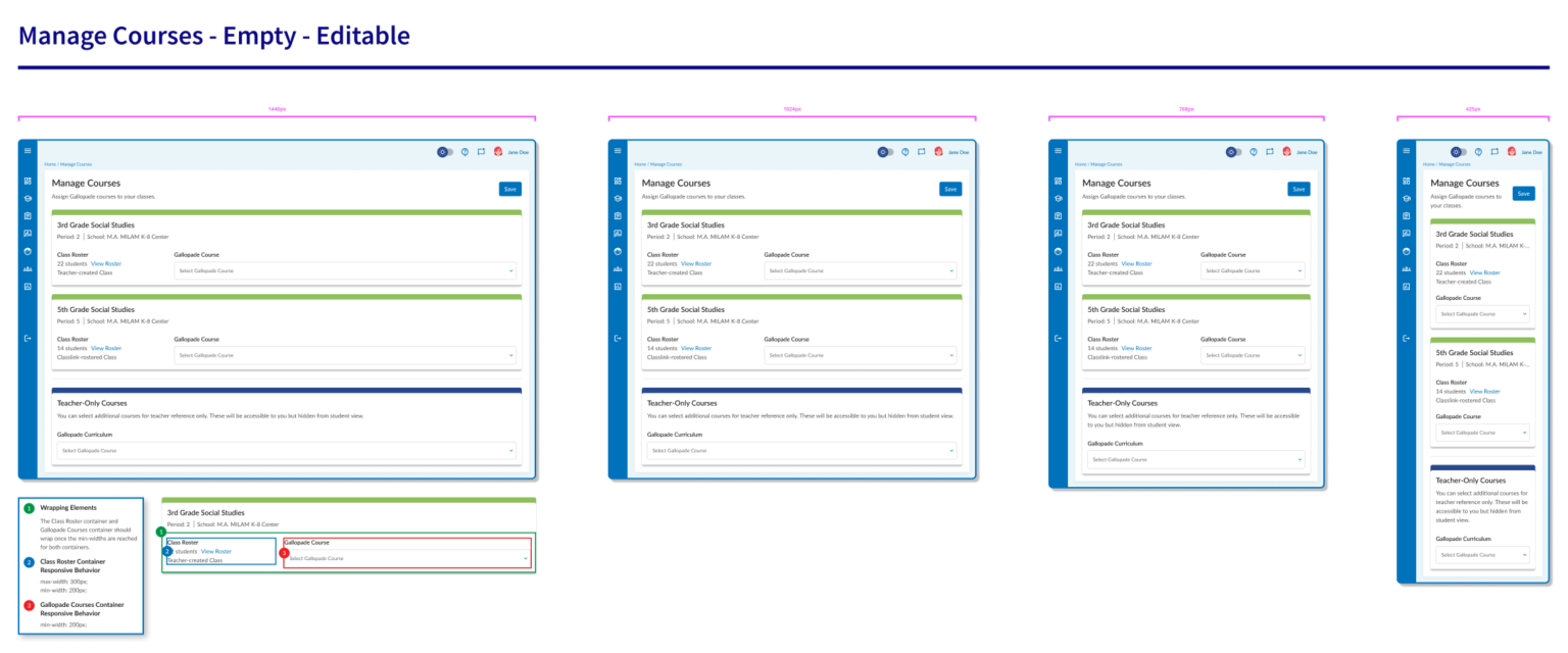 A picture of a section of the final Figma design specifications handed-off for Gallopade curriculum.