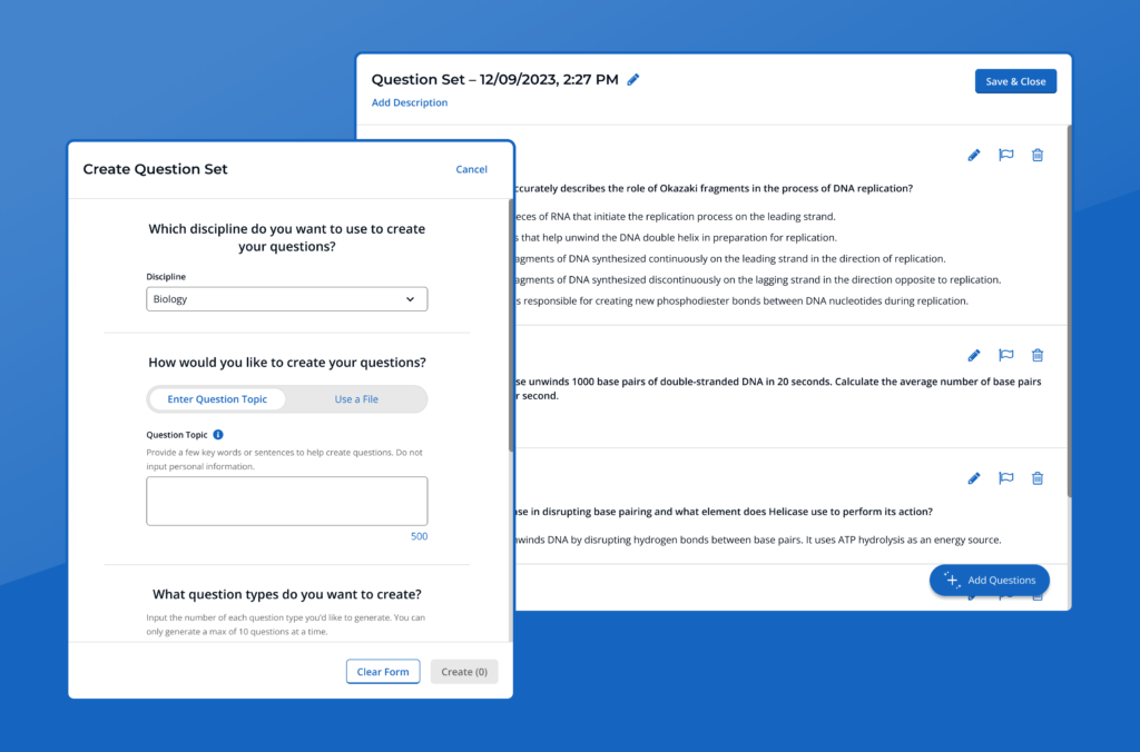 A picture of the iClicker AI Question Creator form partially on top of the question set view after creation.