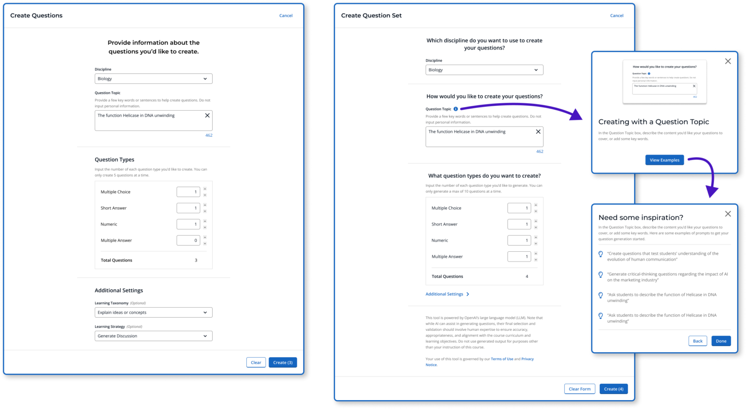 A picture of the iClicker AI Question Creator form that released during the beta and the later improvements it received for onboarding.