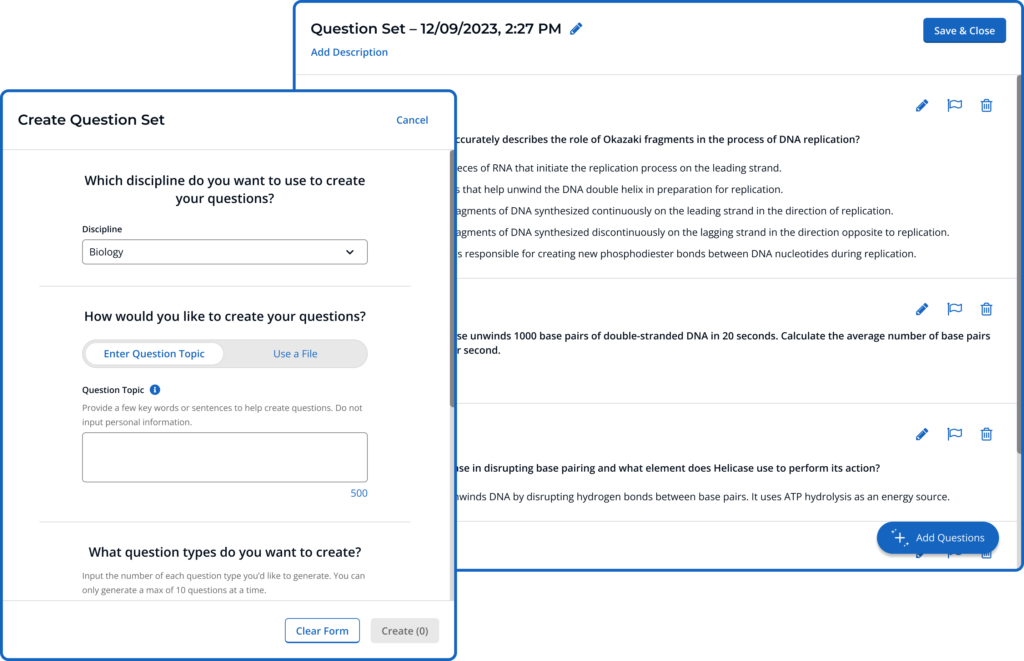 A picture of the iClicker AI Question Creator form partially on top of the question set view after creation.