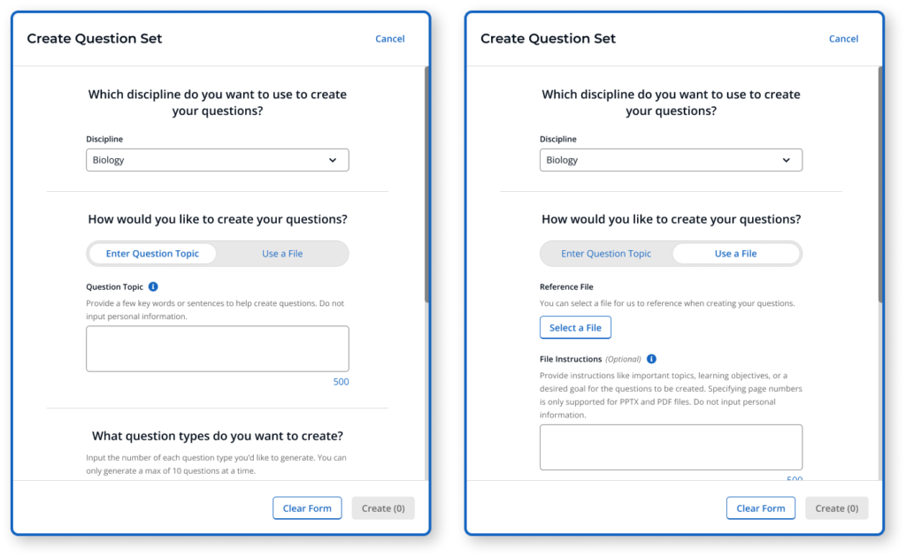 A picture of the iClicker AI Question Creator with the new toggle for separating the question topic and file upload views of the form.