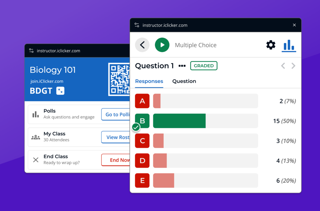 A picture of the iClicker Web Polling class home picture-in-picture window view being partially covered by the polling results view.