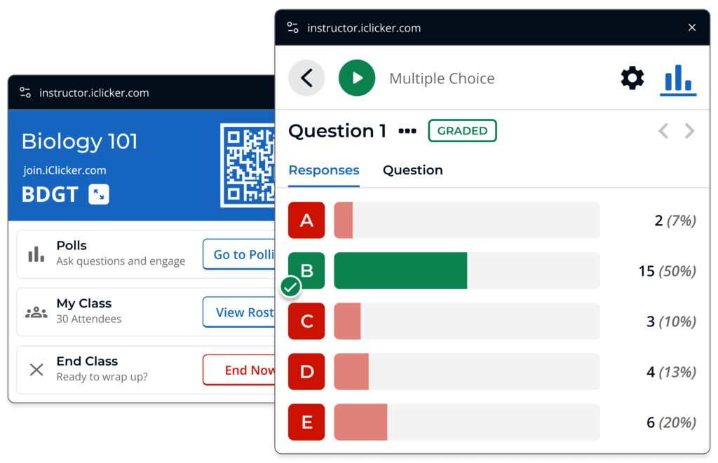 A picture of the iClicker Web Polling class home picture-in-picture window view being partially covered by the polling results view.