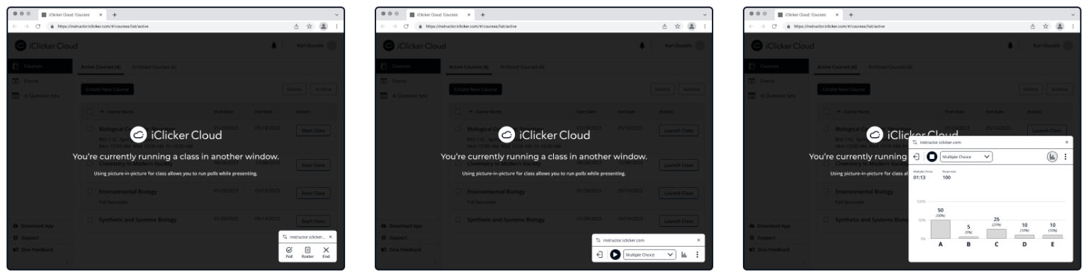 A picture of a few key views designed for the iClicker Web Polling experience in mid-fidelity.