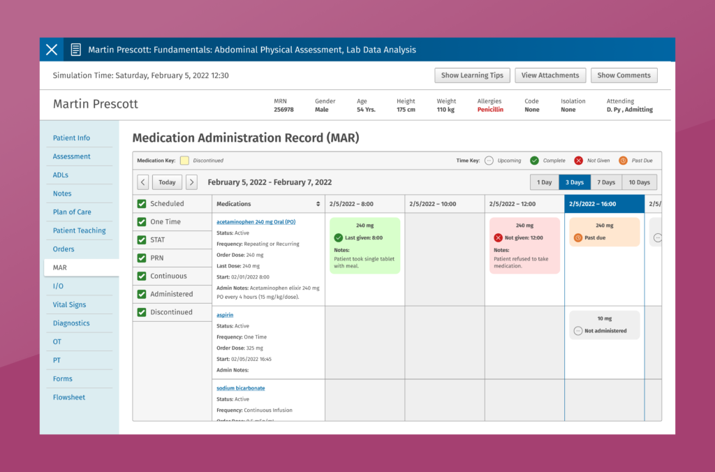 A picture of the Lippincott DocuCare's redesign Medication Administration Record (MAR) page.