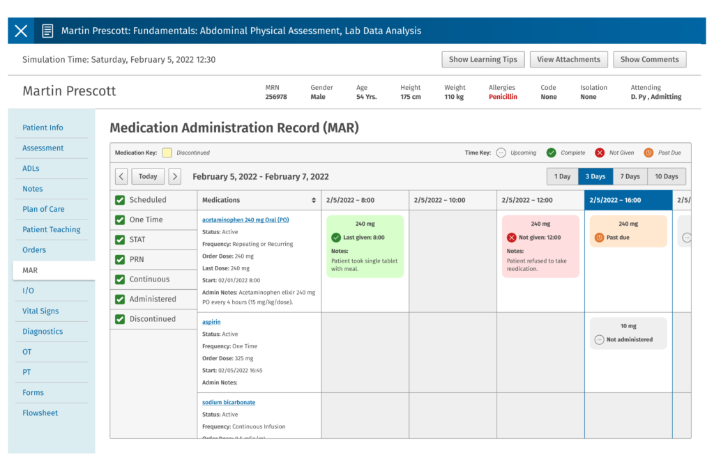 A picture of the Lippincott DocuCare's redesign Medication Administration Record (MAR) page.